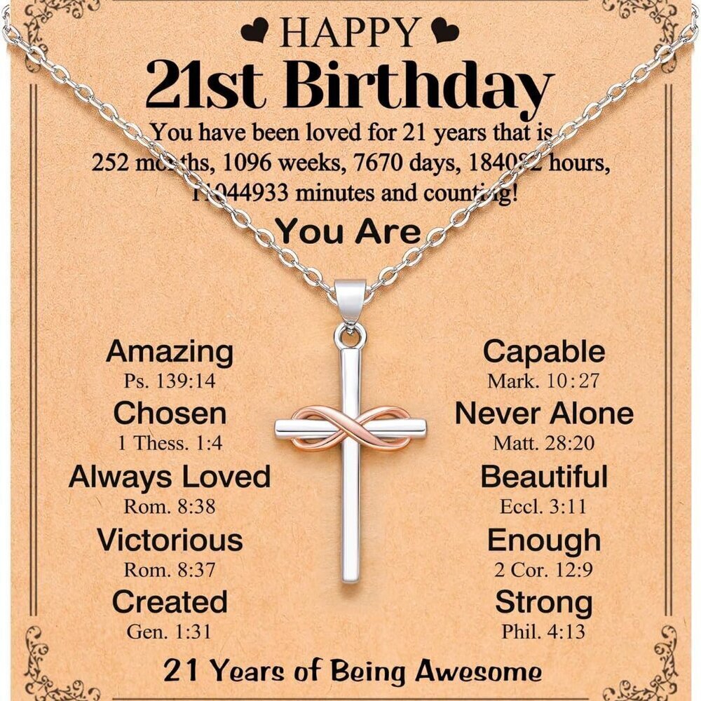 Happy 21st Necklace Silver Cross Infinity Chain for Women Gift Idea